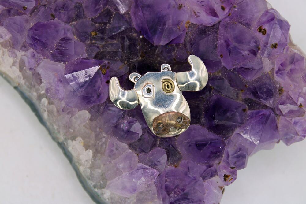 Far Fetched Sterling Silver Brass and Copper Mixed Whimsical Cow Brooch